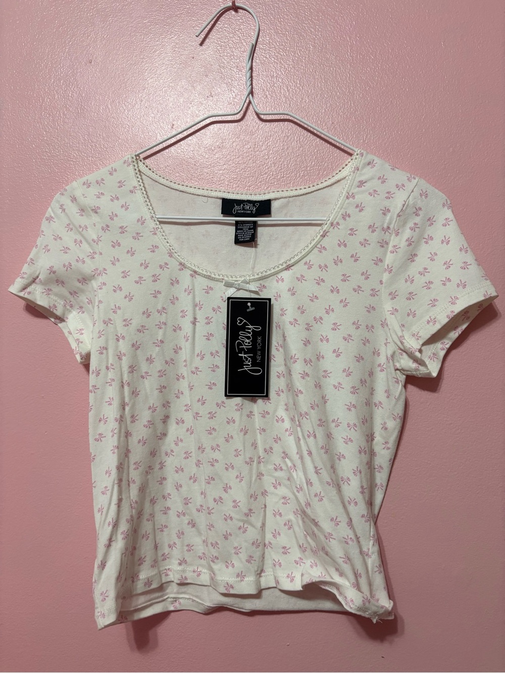 Justify White Cream Scoop Neck Tee with Pink Floral Print - Women's